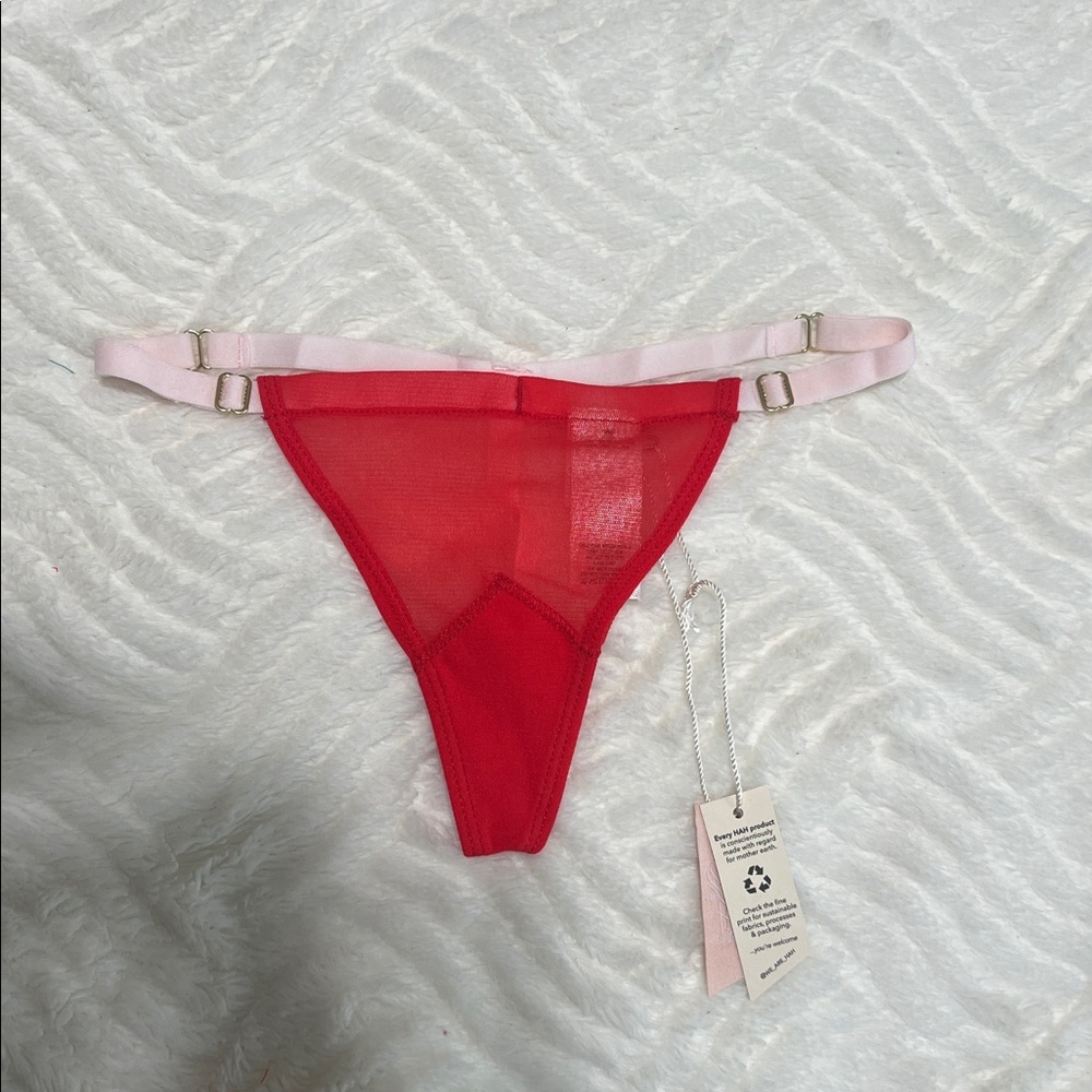 We Are HAH 2 A T String Panty Blood Orange Sheer Lace O/S NWT - Picture 4 of 7